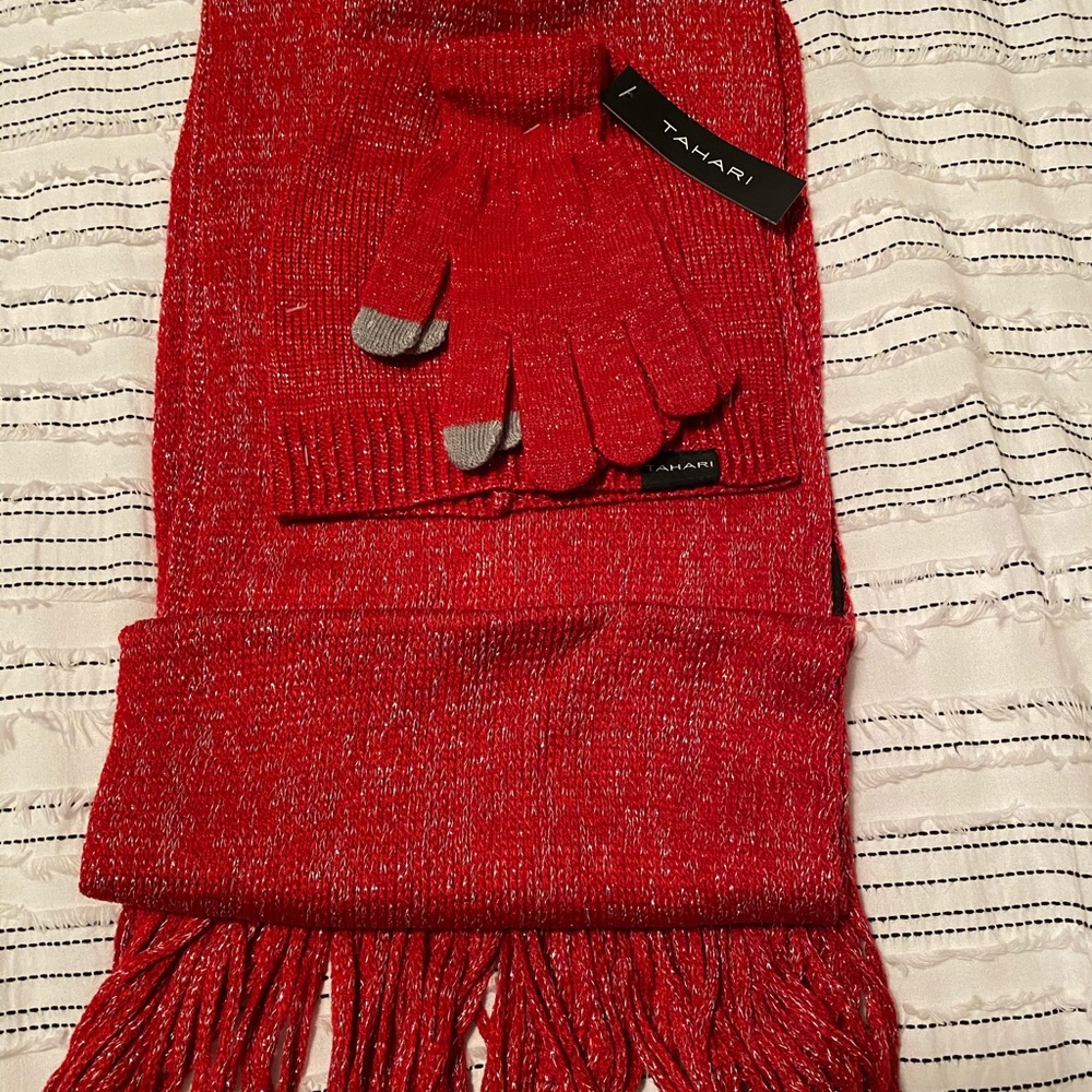 Tahari Scarf Hat and Gloves Winter Set